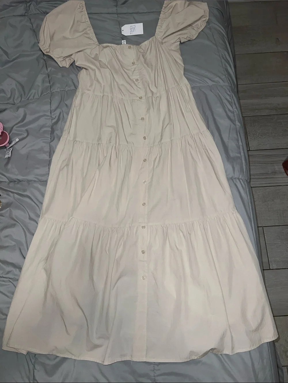 Time and TRU Beige Puff Sleeve Button Front Dress - Picture 3 of 6